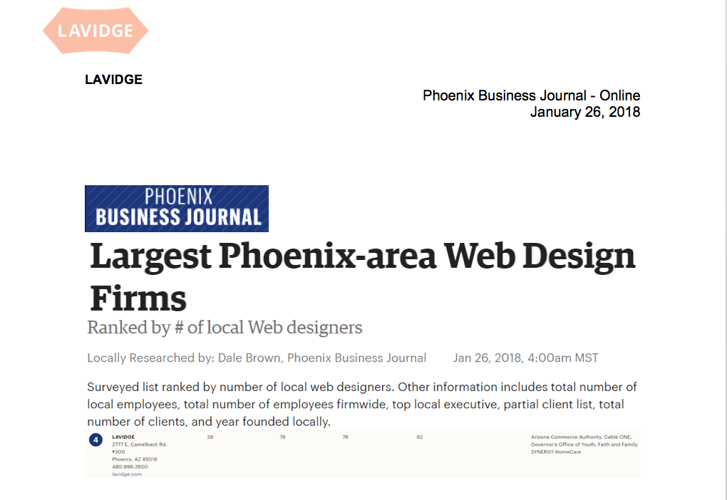 Phoenix Business Journal ranks LAVIDGE Among the Largest Phoenix area Web Design Firms