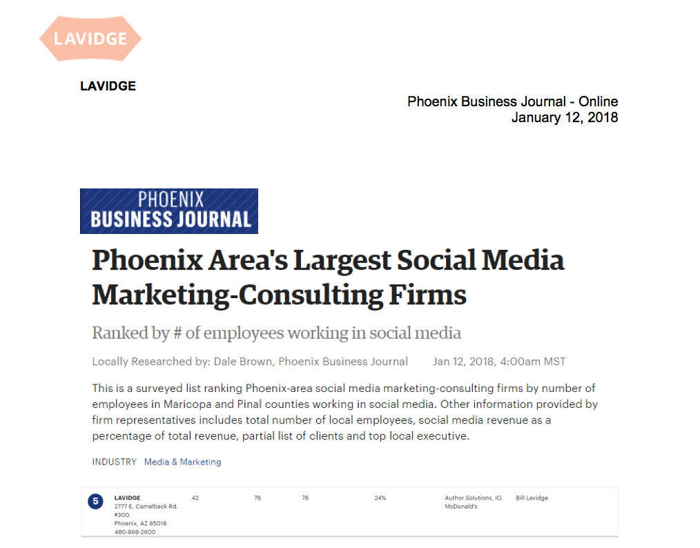 LAVIDGE named among Phoenix area's largest Social Media Marketing-Consulting Firms