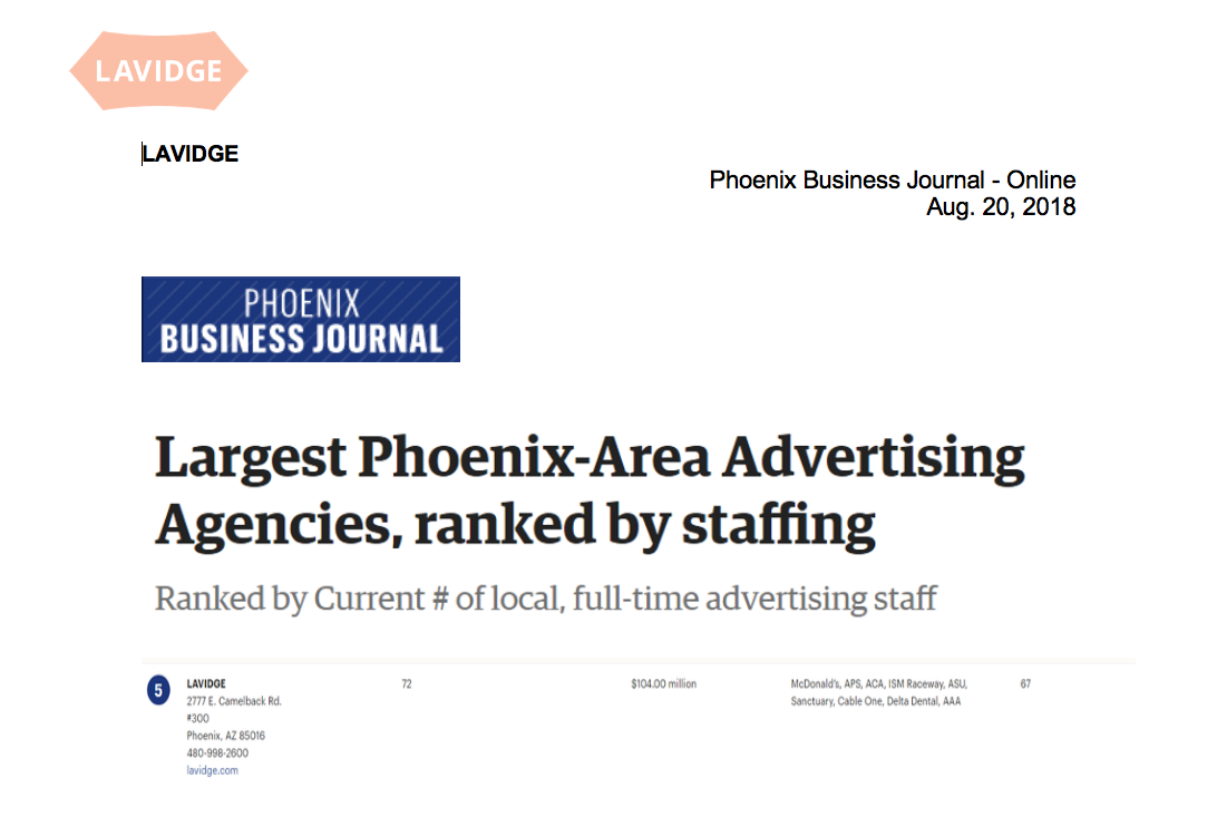 Phoenix Business Journal: Largest Phoenix-Area Advertising Agencies, ranked by staffing