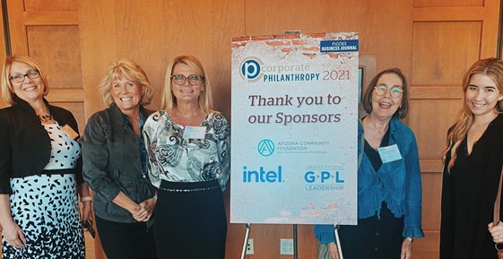 RuthAnn Hogue, Betsey Griffin, Sandra Torre, Laurie Schnebly and Sasha Knock represent LAVIDGE at the Phoenix Business Journal's awards luncheon for Philanthropy 2021.