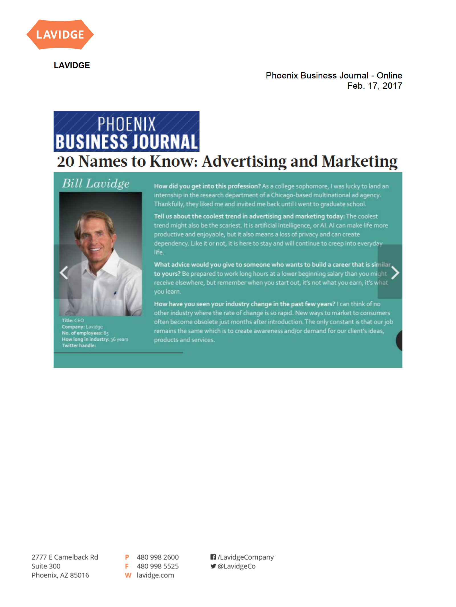 Phoenix Business Journal - 20 Names to Know: Marketing & Advertising