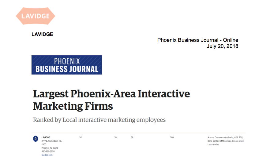Phoenix Business Journal Clipping: Largest Phoenix-Area Interactive Marketing Firms