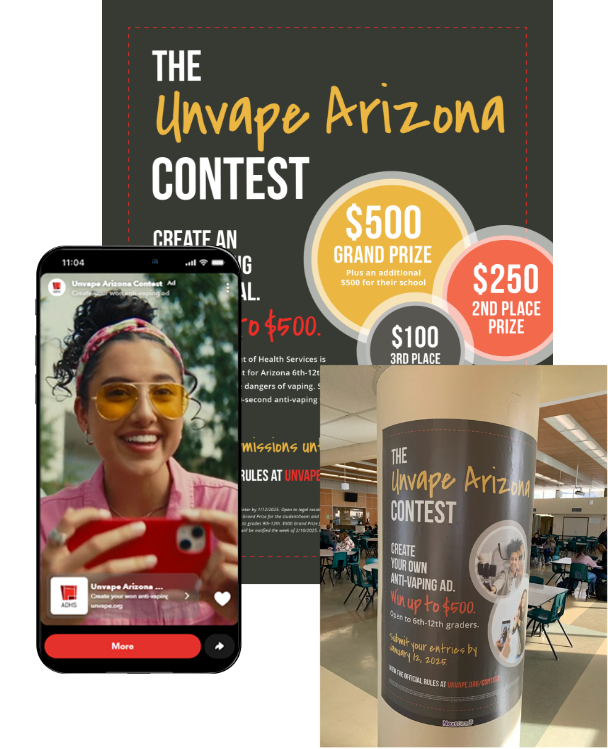 Unvape campaign assets, including a poster, flyer, and mobile video. 